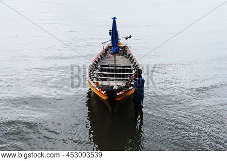 Wooden Long Tail Boat For Send Recieve Traveler Thai People To Ko Phithak Island And Waiting Catch A