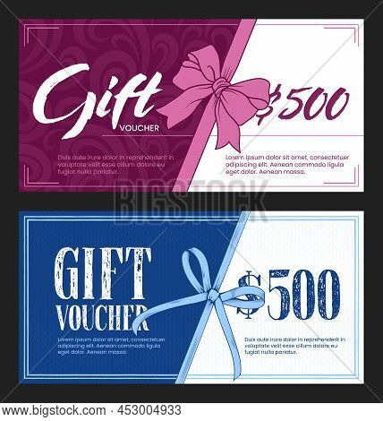 Gift Vouchers Templates With Hand Drawn Text And Bow Ribbons. Design Concept For Gift Coupon, Invita