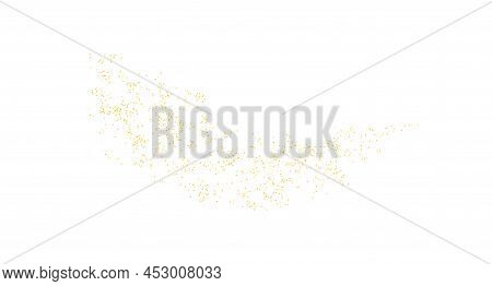 Arc Backdrop Plume Golden Texture Crumbs. Gold Dust Scattering Isolated On White. Sand Particles Gra