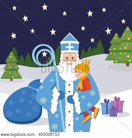 Russian Santa Claus In Blue Clothes. New Year Old Man With Beard And Mustache. Bag With Presents. Li