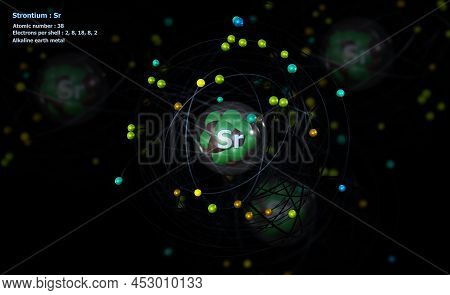 3d Illustration Of Atom Of Strontium With Detailed Core And Its 38 Electrons With Atoms In Backgroun
