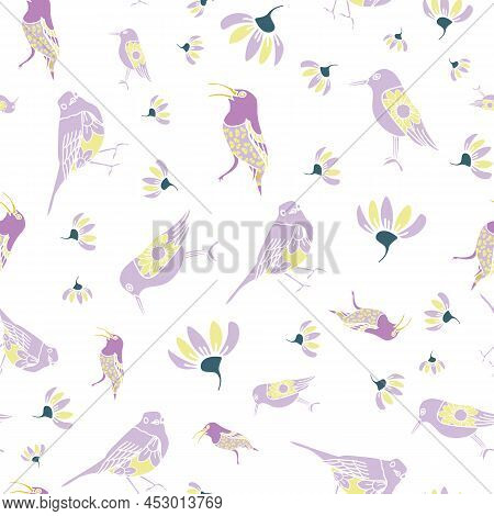 Vector Purple Yellow Green Birds And Flower Seamless Pattern Isolated On A White Background. Print F