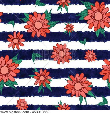Vector Salmon Flower Seamless Patternd On A Blue And White Striped Background. Vector Design For Pap