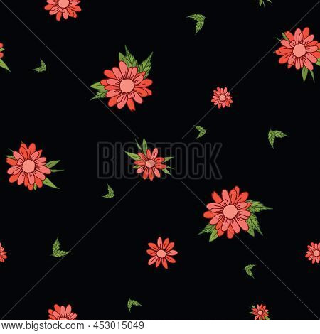 Vector Salmon Flower Seamless Patternd On A Black Background. Vector Design For Paper, Cover, Fabric