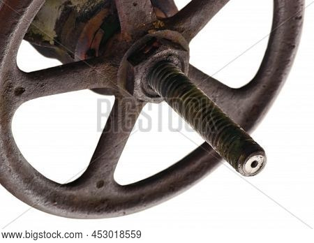 Farm Irrigation Sprinkler System Valve Wheel, Rusty Stem, Isolated Old Aged Weathered Rusted Grungy 