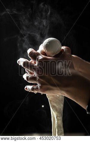 Cheesemaker, Showing Freshly Made Mozzarella. The Homemade Cheese Maker Produces Caciocavallo. Pasta