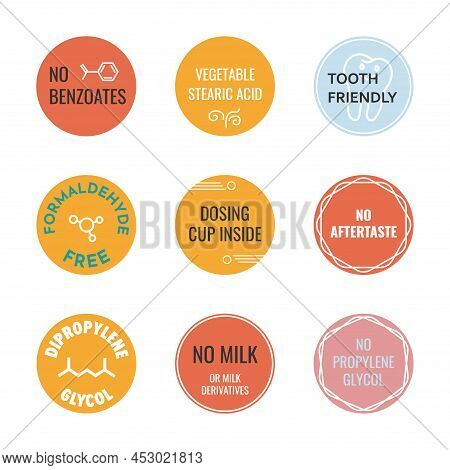 Product Packaging Label Set With Ingredient Sign. No Benzoates, Vegetable Stearic Acid And Tooth Fri