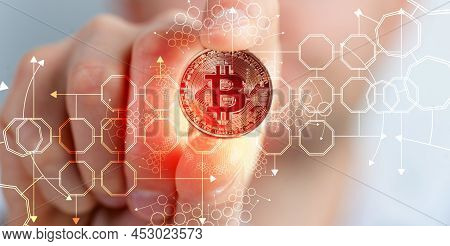 Golden Bitcoin Standing Background, Cryptocurrency Background Concept.