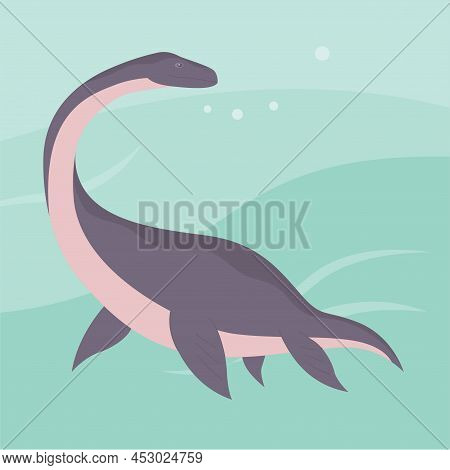 Prehistoric Underwater Dinosaur Plesiosaurus With Fins. Predatory Sea Lizard. Long Neck. Scary Jaws 