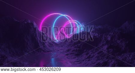 Mountain Terrain Landscape With Multiple Pink And Blue Glowing Neon Light Round Circle Frames, Retro