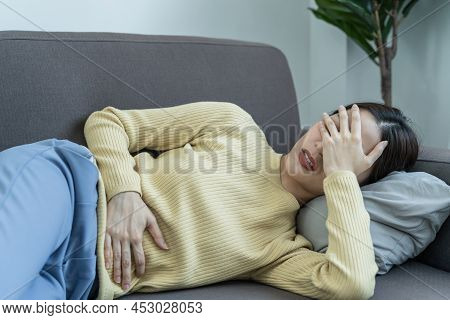 Flatulence Young Asian Woman, Girl Hand In Stomach Ache, Suffer From Food Poisoning, Abdominal Pain 