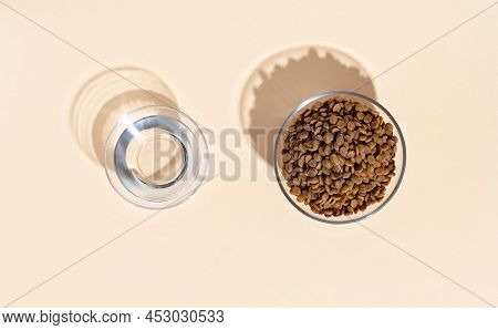 Top View Of White Bowl With Dry Kibble Cat Food And Wateer On Beige Background.