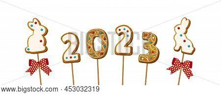 Gingerbread Cookie Numerals 2023 And Bunny On Sticks In Cartoon Style. Sweet Biscuit Number And Rabb