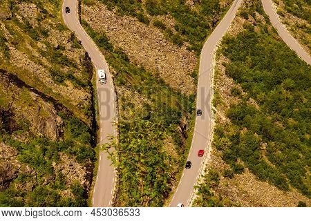 Trolls Path Trollstigen Winding Scenic Mountain Road With Many Cars, Norway Europe. National Tourist