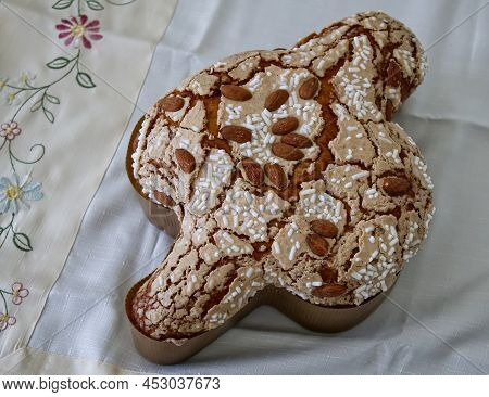 Colomba Di Pasqua. Dove Cake Topped With Icing And Almonds. Italian Easter Dessert.