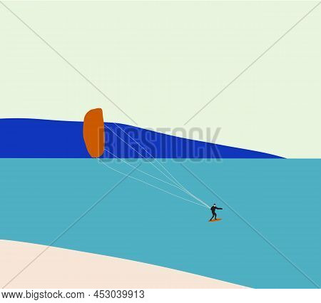 Water Sports Parasailing And Skiing In The Sea On Holiday Vacation. Vector Illustrations. Tropical V