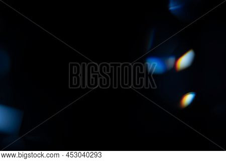 Blue Light Flare Prism Rainbow Flares Overlay Effect On Black Background, Light Crossing Crystals, P