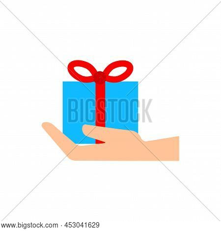 Cartoon Gift In Hand. Gift Box Icon. Holiday, Birthday. Vector Illustration. Stock Image.