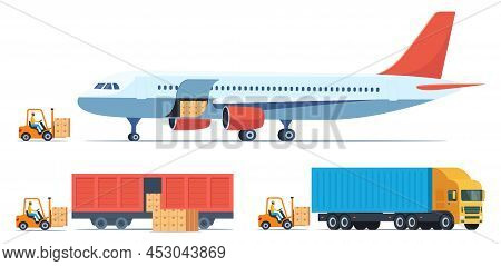 Loading Boxes With Goods Into Different Types Of Cargo Transport. Cargo Plane, Train, Truck And Fork