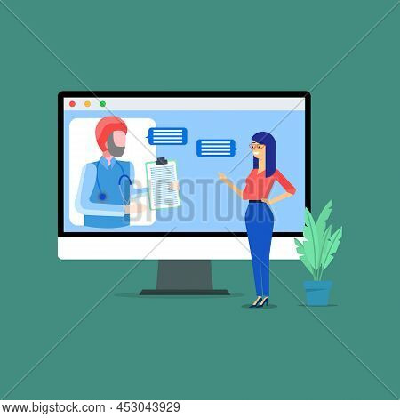 Doctor Showing Prescription On Patient Flat Design, Online Consultation With A Young Woman