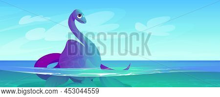 Cute Baby Dinosaur In Water. Sea Or Ocean Landscape With Plesiosaurus. Vector Cartoon Illustration O