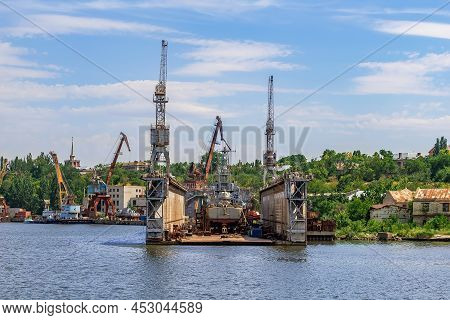 Repair Platform Of Mykolayiv Shipyard - View From The Pedestrian Bridge Across The Inhul River In My