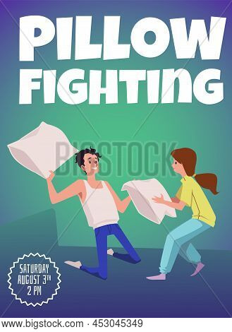 Pillow Fighting Poster With People Have Joke Fight, Flat Vector Illustration.