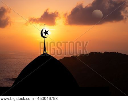 Ramadan, Eid Ai-fitr,new Year Muharram Islamic Religion Symbols With Mosques Dome,moon Silhouette On
