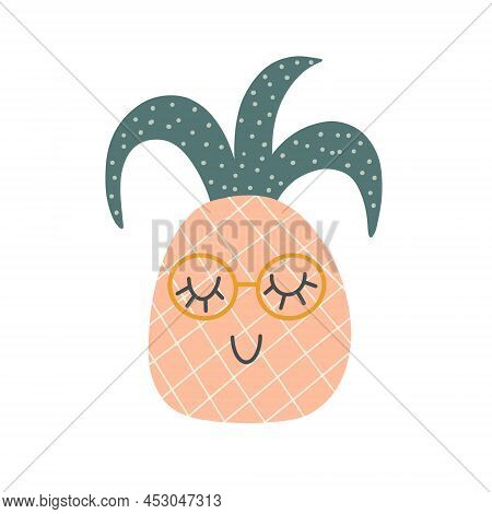 Funny Pineapple Character With Happy Face. Vector Cartoon Illustration In Simple Hand-drawn Scandina
