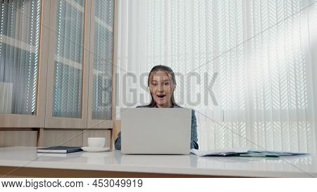 Happy Business Woman Excited Surprised Work At White Office Desk With Pc Laptop Throwing Up Paper Ac