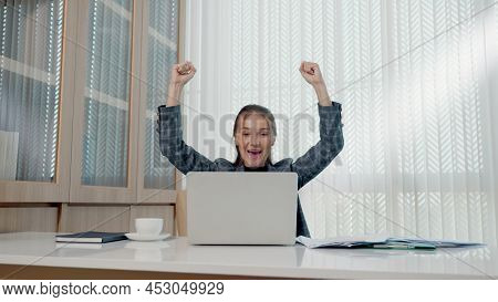 Happy Business Woman Excited Surprised Work At White Office Desk With Pc Laptop Throwing Up Paper Ac