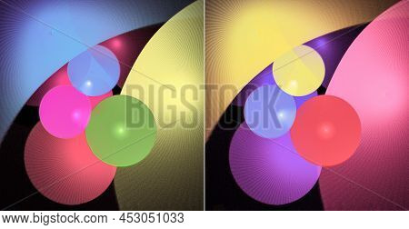 Bright Multi-colored Balls Are Illuminated And Are Located Under The Arches On A Black Background. T