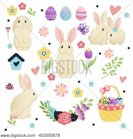 Easter Set, Flowers, Bunnies And Easter Eggs.