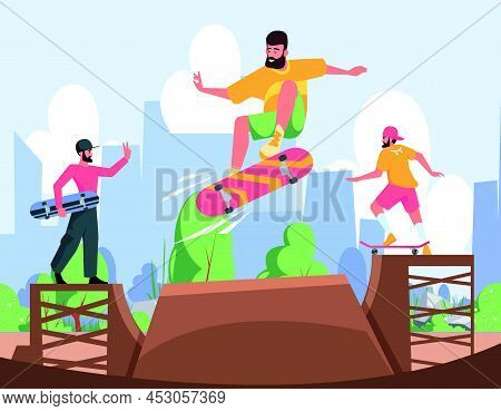 Skateboarders Jumping. Action Sport Characters Outdoor Riders On Skateboard Playground Garish Vector