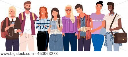 Diverse College, University Students Standing In Line. Group Of Young People, Multicultural Men And 