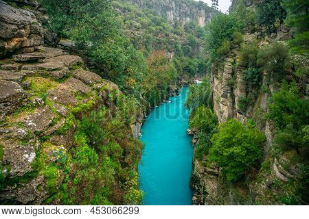 River Between Canyon And Forest. Manavgat, Antalya, Turkey. Rafting Tourism.