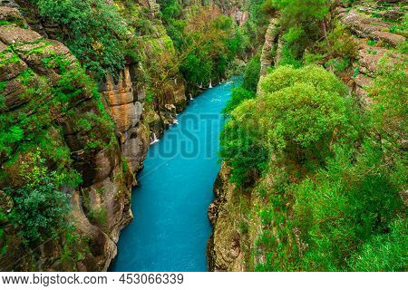 River Between Canyon And Forest. Manavgat, Antalya, Turkey. Rafting Tourism.
