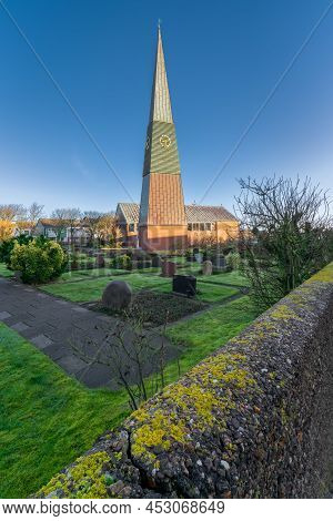 Helgoland, Germany - 02.27.2022: Slim Tall Pyramid Of The Modern Christian Church In German Island O
