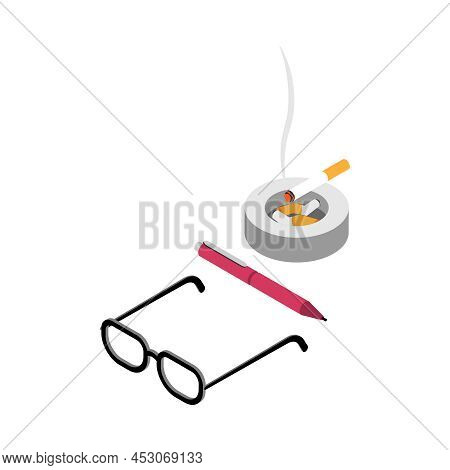 Writer Attributes Isometric Icon With Glasses Pen And Cigarettes In Ash Tray 3d Vector Illustration