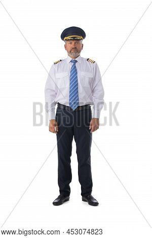 Senior Adult Airline First Pilot Aircraft Commander Standing Isolated On White Background, Full Leng
