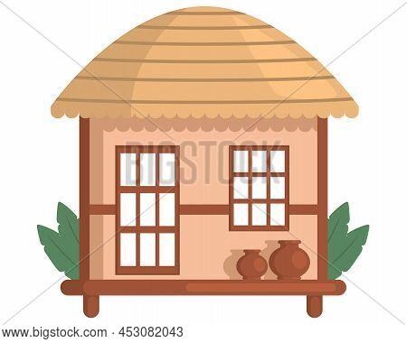 Country Hut, House Of Stones And Clay With Thatched Roof Isolated Rural Building. Cute Small Poor Ag