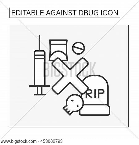 Against Drug Line Icon. Death Due To Drug Abuse. Injections, Smoking Weed And Cigarettes. Unhealthy 