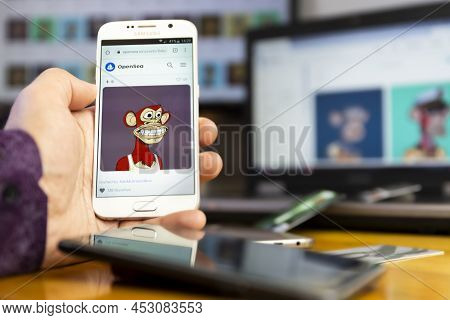 Belgrade, Serbia - April 15, 2022: The Most Expensive Bored Ape Nft From Yacht Club Nft Collection (