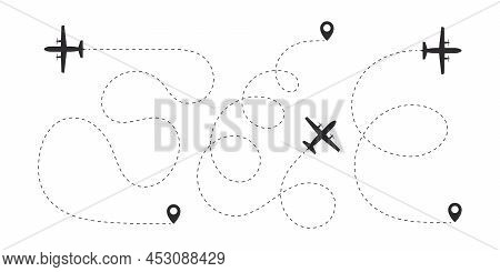 Aircraft Route Dotted Lines. Flight Lines Of Aircraft With A Point Of Departure. Vector Illustration