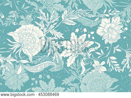 Fantasy Flowers In Retro, Vintage, Jacobean Embroidery Style. Seamless Pattern, Background. Vector I