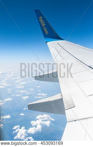 Montenegro, Budva - September 6, 2021: View Of The Wing Of The Ukrainian Uia Aircraft Flying Over Mo