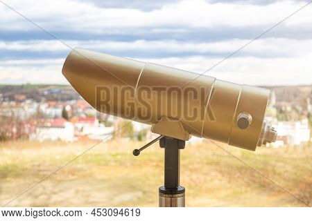 Stationary Binoculars For The Observation Deck. Spyglass For Observation
