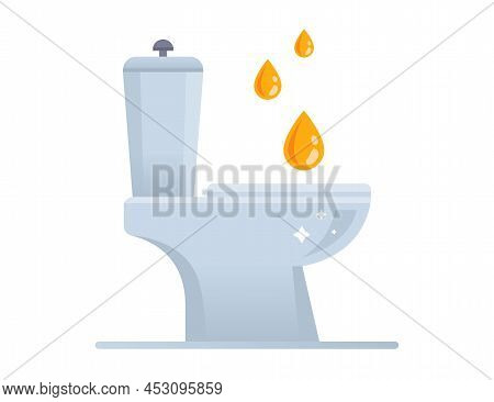 A Man Pisses Into A Ceramic White Toilet Bowl. A Drop Of Urine. Flat Vector Illustration.
