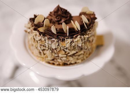Hulf Of Chocolate Bento Cake. Presentation Cake On Easter Bunny Stand. Cake In Section