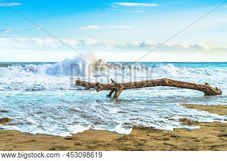 Sunrise At Playa Cocles, Caribbean Beach, Puerto Viejo, Costa Rica East Coast And Log That Looks Lik